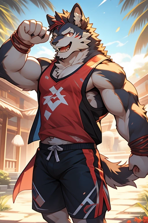 Shota-chan exudes warmth，Personification of Nian Beast，beautiful day in the sky，Wearing shorts and a furry tank top，Transformed into a white night, human hair was dyed bright，Eyes reflect black and pupil，Visible abdominal muscle firmness，Mouth is open, laughter full of joy，Detailed facial rendering gives CG realistic visual effects，a form of photography，Holding the drum tightly in hand，Bring joy and happiness to every audience。A furry art journey unfolds before your eyes。