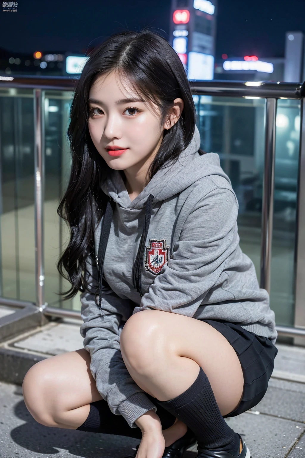 (8K), (highest quality: 1.2), (realistic), (realistic: 1.37), ultra high resolution, 1 girl, cute, smile, closed mouth, thick lips,red lip,beautiful details, beautiful nose, (straight black hair), giant dulcefo, Self snap,(University Student Uniform:1.2),(Black oversized hoodie:1.2),(school uniform pleated skirt:1.3),(The skirt is gray:1.2),(Opaque over-the-knee socks:1.3),Squatting in the city at night, From above,close up on face,