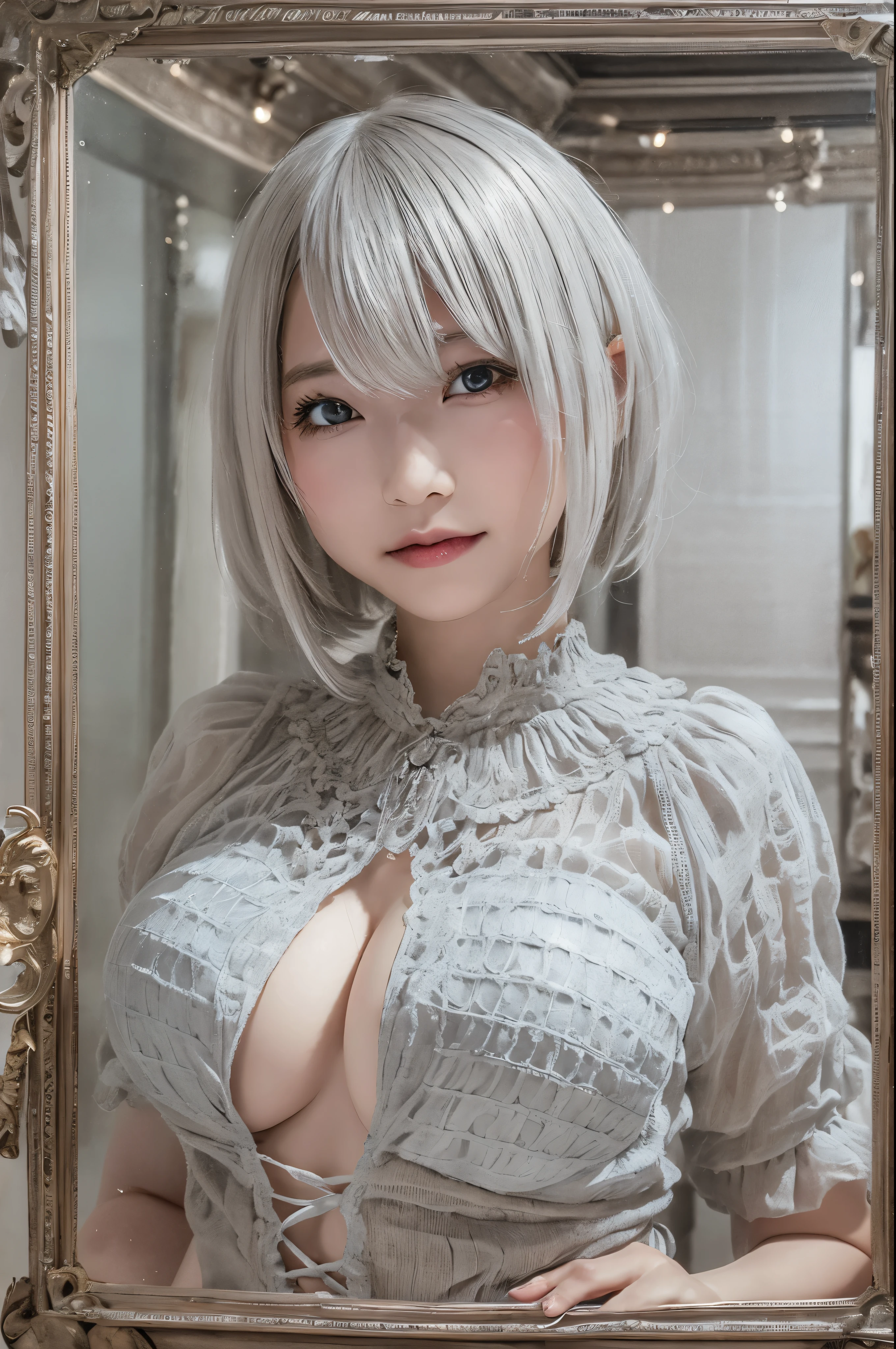 ((high quality)),table top,(Detailed depiction of local details:1.2),1 Japanese girl,(plump breasts:1.3),Enchanted Valley,closed mouth,eyelash,looking at the viewer,portrait,alone,Upper body,gray hair,white theme,short hair,silver hair,Yoruhano. 2 Type B,