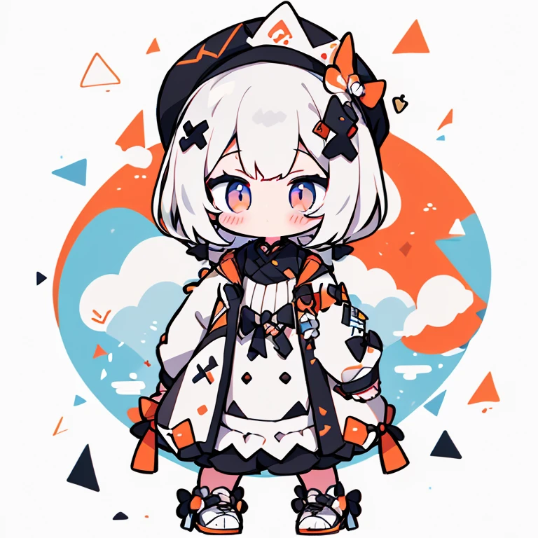 one girl,White is the main color,Black and white striped cat ear hat,A fluffy white dress with a touch of black,,young girl,cute,cute,bob cut,princess cut,masterpiece,最高masterpiece,best quality,Highest image quality,detailed illustrations,Fine hand