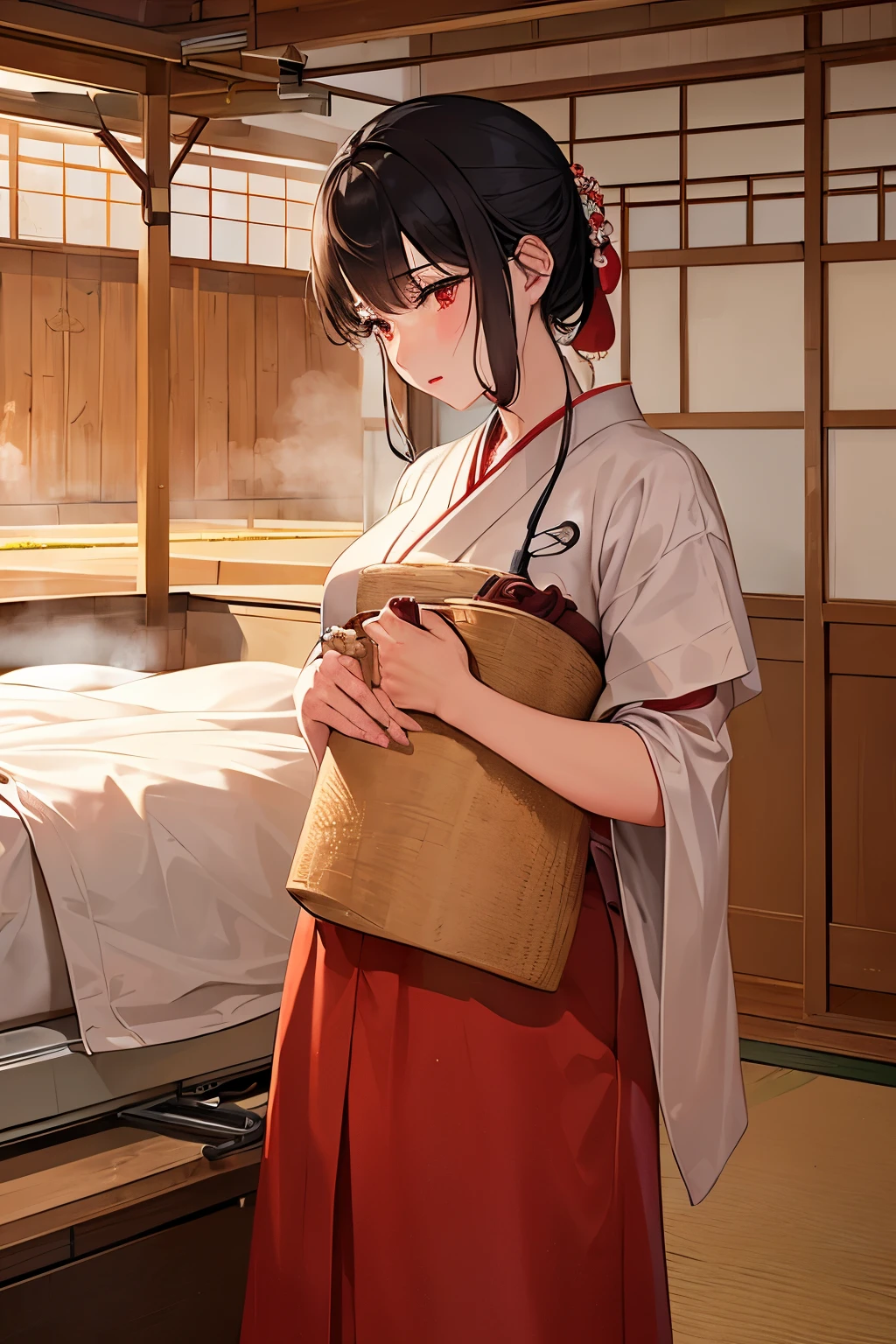 (Masterpiece of a Taisho-era hospital scene), (ultra-detailed and realistic), (intricately designed building with red brick walls and white columns), nurse uniforms with white aprons and red cross symbol, (patients in traditional Japanese clothing lying on tatami mats), (emotional scene of a mother holding her sick child), (hustle and bustle of medical staff moving around to save lives), (authentic Taisho-era atmosphere with steam rising from hot water barrels), (impeccably drawn medical equipment and instruments), (evoking a sense of nostalgia and historical accuracy), (beautifully rendered landscape and skies of the period), (art