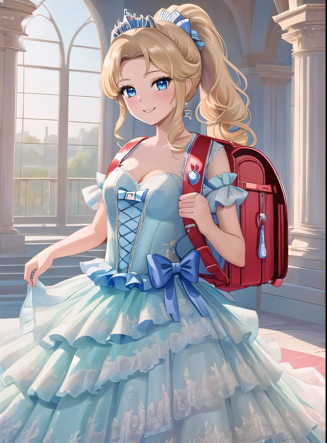 Masterpiece, hd, beautiful girl, smiling, regal, (blue princess dress), vibrant, vivid, (bows), Tiara, blonde hair, ponytail, wearing randoseru backpack, (backpack:1.1)