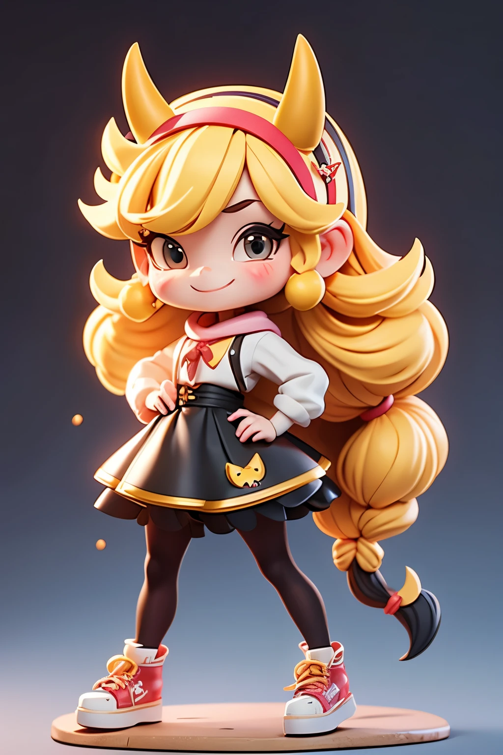 A girl with impressive blonde hair、fox tail、hair ornaments、black pantyhose、No sleeve、smile、Cute shoes with accessories、horn hair band、dynamic pose