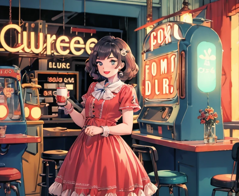 1girl dressed in a 1950s-inspired dress, complete with a full skirt and petticoat, her hair styled in classic pin curls. She should be seated at an old-fashioned diner, surrounded by vintage details like a jukebox, chrome accents, and neon signs. Her eyes should be sparkling with excitement, her skin flawless and glowing under the soft, dramatic lighting. This scene should be captured on 35mm film, with a beautiful depth of field and a slightly blurry, nostalgic background,, filmg,