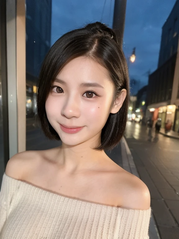 (kawaii 24 year-old Japanese girl, Nogizaka idol, Korean idol), (glossy black hair, pixie cut:1.3), (rounded face, single eyelid, no makeup, soft smiling:1.2), forehead, (wearing off-shoulder knitted onepiece sweater:1.3), (well shaped extra small breasts), (looking at viewer:1.2), BREAK, (at night street in downtown background:1.3), (dynamic angle, bust shot:1.3), BREAK, (masterpiece, best quality, photo realistic, official art:1.4), (UHD, 8K quality wallpaper, high resolution, raw photo, film grain:1.2), (shiny skin), professional lighting, physically based rendering, award winning, (perfect anatomy, highly detailed skin textures, extremely detailed face and eyes, well drawn glittering pupils), Carl Zeiss 85 mm F/1.4, depth of field, 1girl, solo,