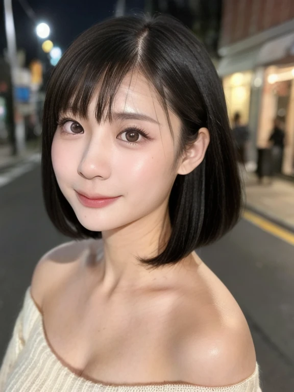(kawaii 24 year-old Japanese girl, Nogizaka idol, Korean idol), (glossy black hair, pixie cut:1.3), (rounded face, single eyelid, no makeup, soft smiling:1.2), forehead, (wearing off-shoulder knitted onepiece sweater:1.3), (well shaped extra small breasts), (looking at viewer:1.2), BREAK, (at night street in downtown background:1.3), (dynamic angle, bust shot:1.3), BREAK, (masterpiece, best quality, photo realistic, official art:1.4), (UHD, 8K quality wallpaper, high resolution, raw photo, film grain:1.2), (shiny skin), professional lighting, physically based rendering, award winning, (perfect anatomy, highly detailed skin textures, extremely detailed face and eyes, well drawn glittering pupils), Carl Zeiss 85 mm F/1.4, depth of field, 1girl, solo,