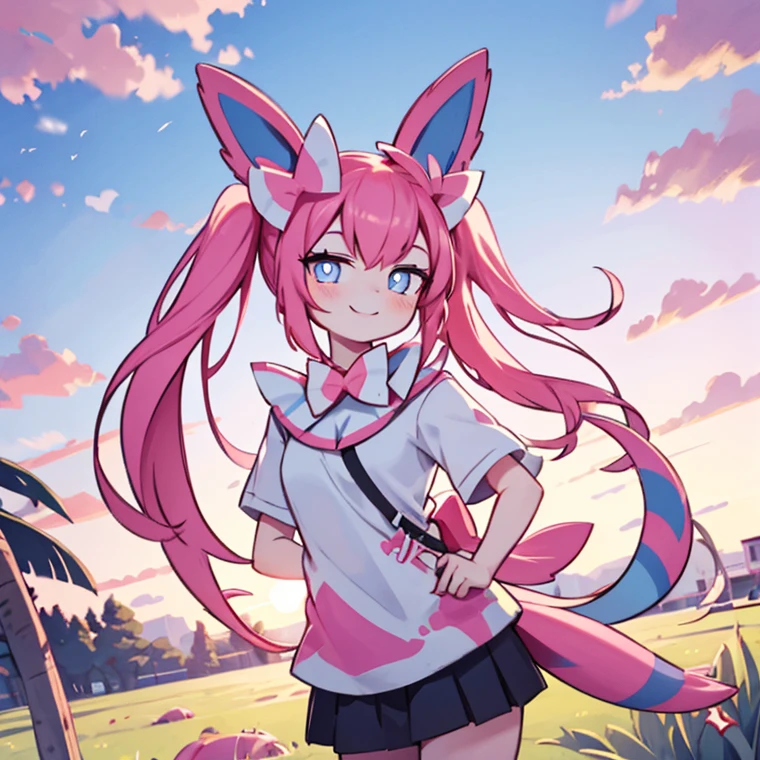  there is a drawn image of a girl standing in a park, 1girl, female focus, sky blue eyes, white pupils, alone, sunset, pink hair, long hair with two pigtails, smile, outdoors, looking at viewer, normal clothes, Sylveon tail, Sylveon ears, Sylveon characteristics