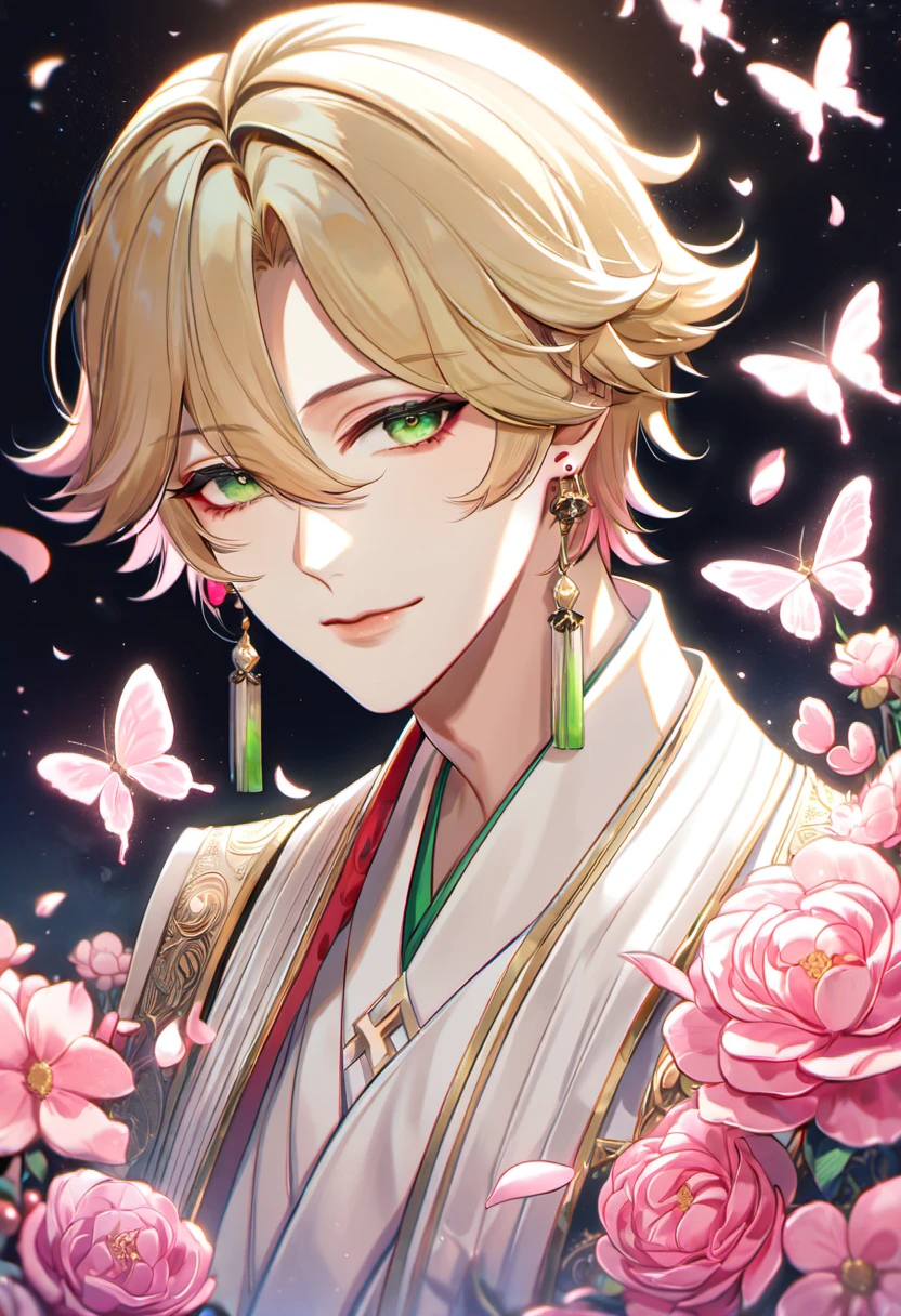 (absurdres, highres, ultra detailed, HDR), master piece, best quality, vibrant green eyes, 1man, handsome face, Taishakuten, onmyoji, ash blond hair, earrings, white clothes, pink flowers, pink butterflies, pink petals
