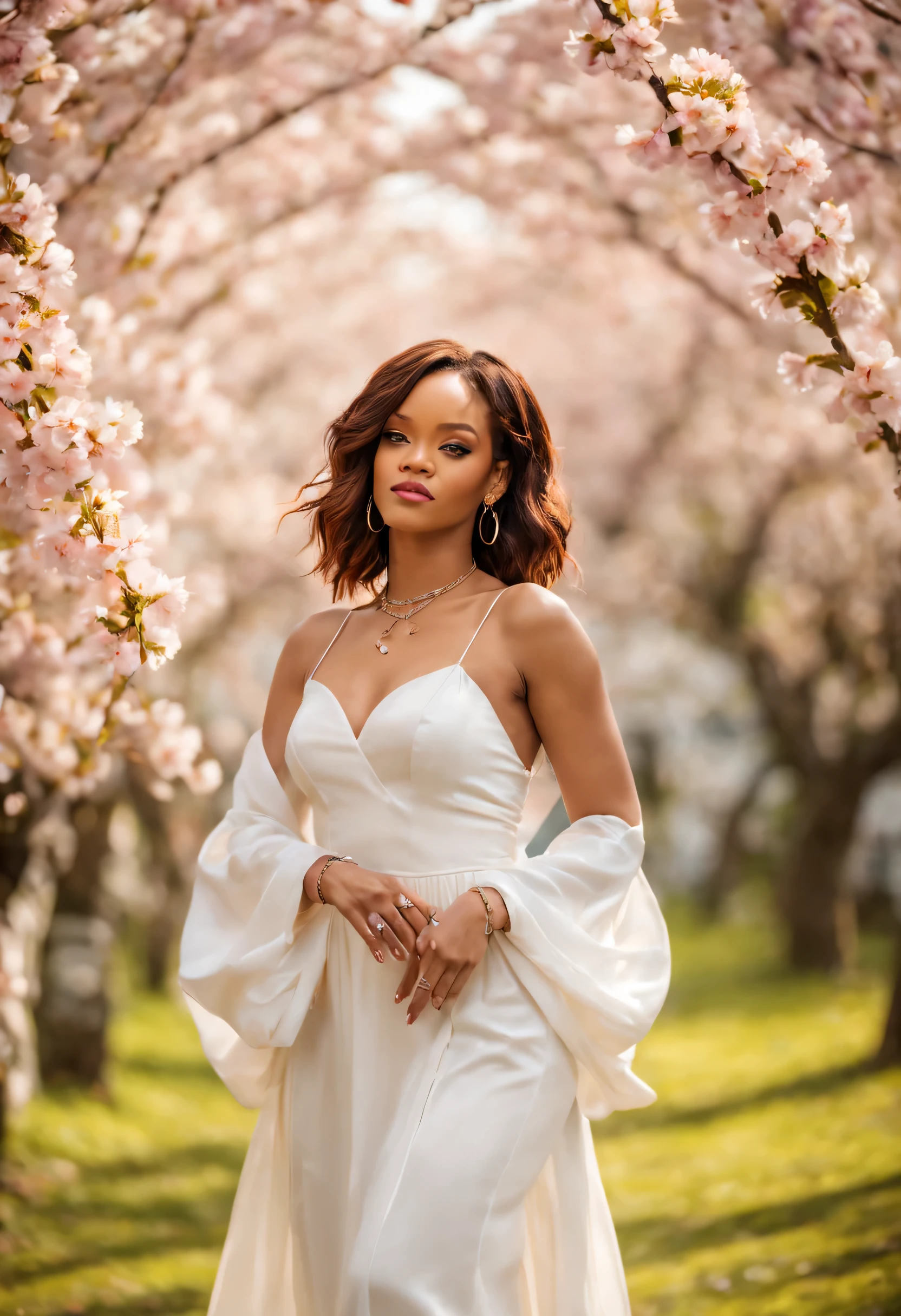 (fotografia de alta qualidade), bela jovem (rihanna), (27 anos), long white dress in pastel colors, o corpo cercado de flores de cerejeiras, standing and posing in fantasy in cherry blossom garden, desfoque de profundidade, Bokeh, 300 DPI, atmosfera encantadora, foto, 8k, dynamic action,