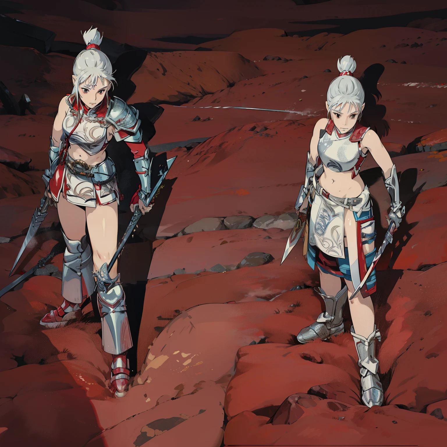hand painted drawing of woman with a sword, female warrior, silver bikini armor with female red, female warrior, female armor, female warrior costume, female warrior, white and red armor, barbarian woman, silver armor and red clothing, segmented armor and sashimono, armor-bikini, lady with red armor sexy bare abdomen

