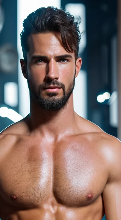 a handsome guy, 16k, Ultra HD, HDR, (artwork: 1.5), (Best quality: 1.5), beautiful face, Shirtless, shiny hair, (high detailed skin: 1.2), (Best quality: 1. 5 ), full body, muscular, fit, hairy, very muscular male body, intricate, highly detailed, art station, sharp focus, illustration, detailed, HDR. --air 9:16, Alone, Backlit, (glow effects:1. 1), (by Anne Stokes), 16k, Ultra HD, HDR, (artwork:1. 5), (Best quality:1. 5), Candid Cinema RAW, 16mm, ((graded color 400 portra film)) ((remarkable color)), (ultra realistic), textured skin, remarkable detailed pupils, ((realistic dull skin noise)), ((detail visible skin)), ((skin fuzz)), (dry skin) shot with cinema camera, digital art, glow effects, hand drawn, r8k, octane rendering, cinema 4d, blender, dark, atmospheric 4k ultra detailed, sensual cinematic, sharp focus, humorous illustration, large depth of field, artwork, colors, 3d octane rendering, conceptual art, trending on art station, hyperrealistic, vivid colors, model shoot style, (extremely detailed CG unity 8k wallpaper),, high detail