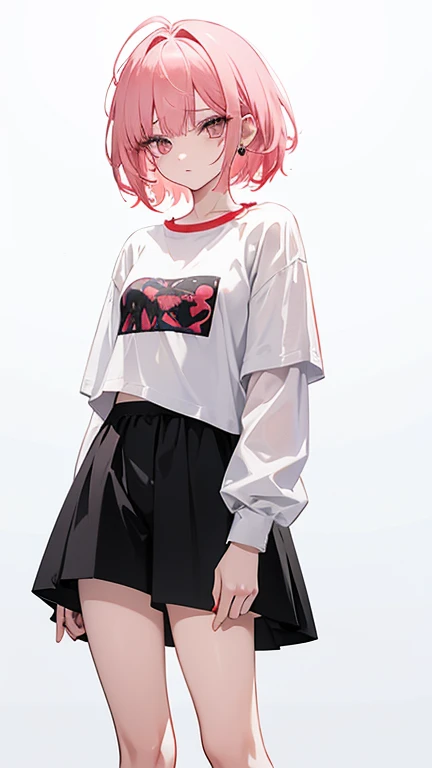 full body figure、short hair、mullet hairstyle girl、asymmetrical bangs、Cream pink hair、messy hair、wavy hair、white oversized t-shirt、shorts、slender body、low length、dark makeup、Highlighted red eyeshadow、Bright, dark eyeliner、Enhanced long eyelashes、droopy eyes、black eyes、Weakened eyes、slender、small breasts、delicate body、earrings、red lip、