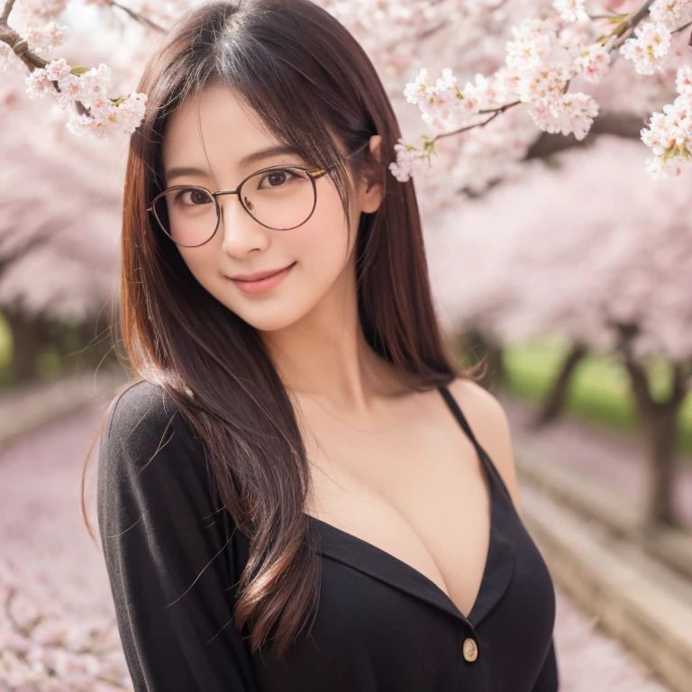 (super high quality、8K、masterpiece,High resolution), hair, fine eyes, Beautiful plain Japanese woman, 35 years old, Glasses, Beautiful black straight long hair,Spring casual women's outfit,plump body, big、cleavage,Standing under a cherry tree in full bloom,Looking up at the cherry blossom trees,gentle smile,cowboy shot,Taken at the best angle