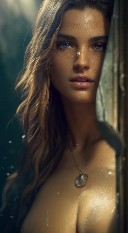 Best quality, masterpiece, ultra high resolution, (photorealistic: 1.4), raw photo, 1girl, big boobs, clothes with neckline, off shoulder, cinematic lighting, dark atmosphere, highly detailed skin texture, extreme details, dark fantasy, darktoon,((closeup portrait)), cleavage,