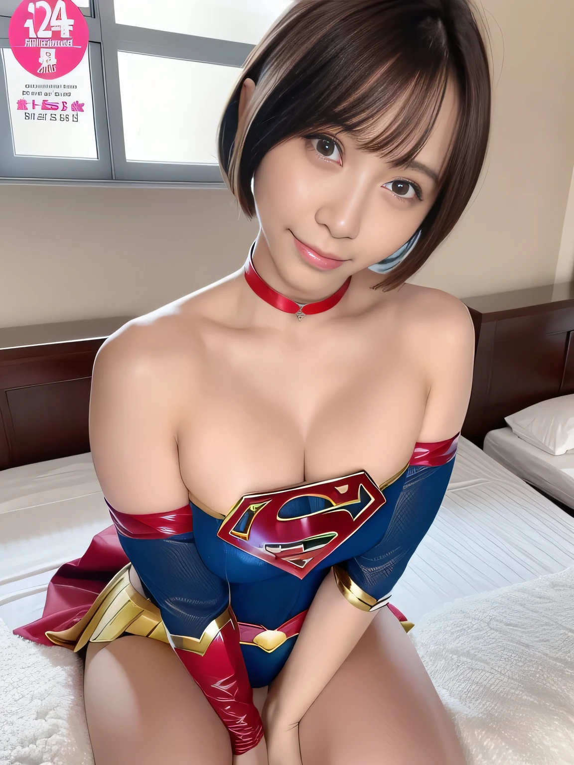 masterpiece、supergirl costume、short hair、barefoot、big and full breasts、hospital room、Oil massage on the bed、Sexy poses to seduce、model body shape、shiny、looking at camera、off shoulder、choker、enamel、long sleeve、red mini skirt、Weekly magazine cover、obscene、Radical、sweaty、Glamorous、