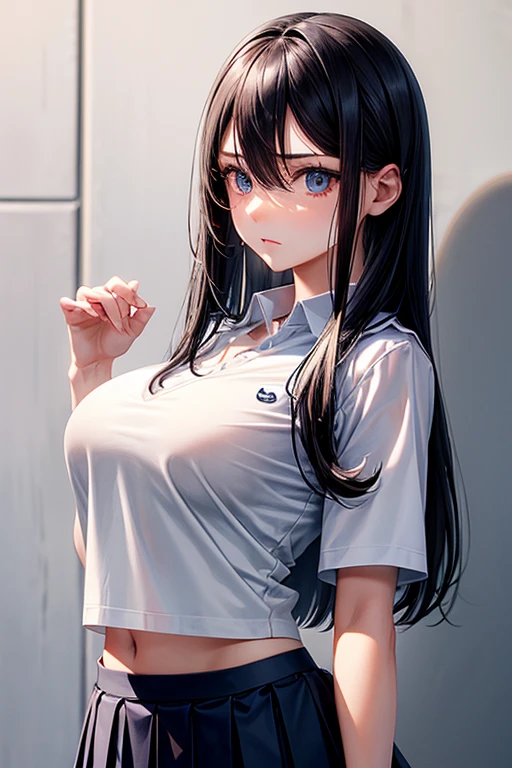 girl,expressionless,full body,from side,{(black hair:1.2),(medium hair:1.5),(straight hair:1.5),(hair between eyes:1.5)},(big breasts:1.4),(slender:1.2),break,{(white polo shirt:1.5),(white collar:1.2),(short sleeves:1.2)},break,(navy blue skirt:1.5),(pleated skirt:1.2),mini skirt,(fine eyes and skin:1.5),(detailed facial features:1.5) ,(perfect style),(beautiful face),at school