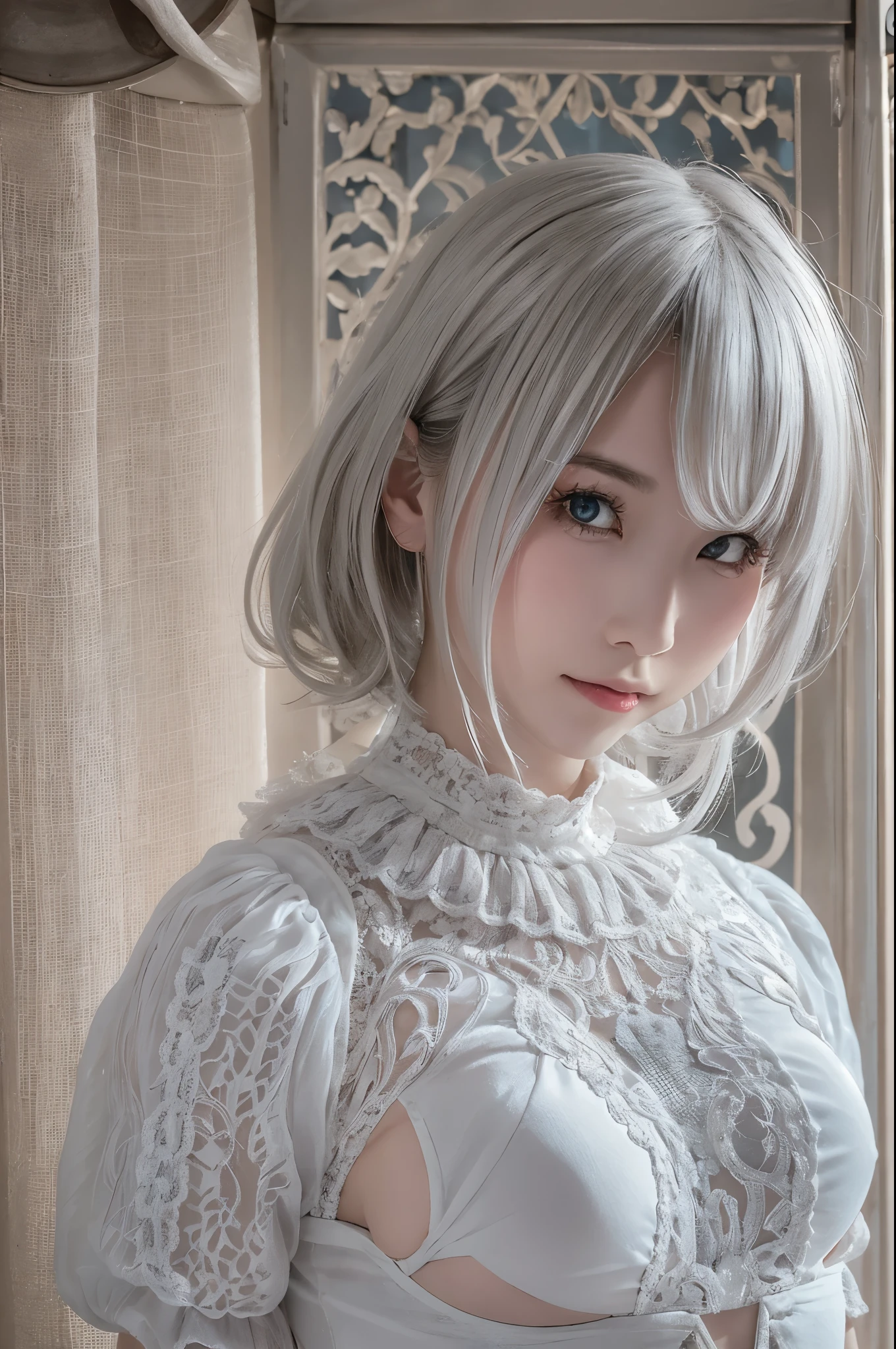 ((high quality)),table top,(Detailed depiction of local details:1.2),1 Japanese girl,(plump breasts:1.3),Enchanted Valley,closed mouth,eyelash,looking at the viewer,portrait,alone,Upper body,gray hair,white theme,short hair,silver hair,Yoruhano. 2 Type B,