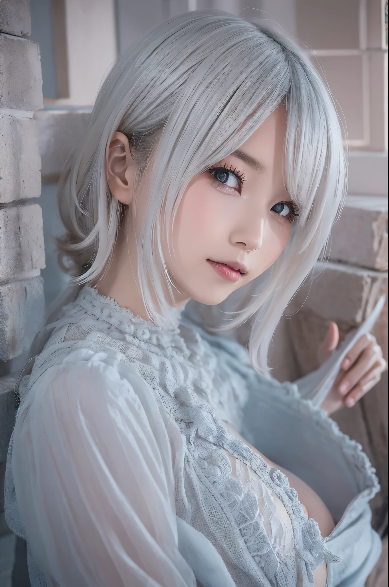 ((high quality)),table top,(Detailed depiction of local details:1.2),1 Japanese girl,(plump breasts:1.3),Enchanted Valley,closed mouth,eyelash,looking at the viewer,portrait,alone,Upper body,gray hair,white theme,short hair,silver hair,Yoruhano. 2 Type B,