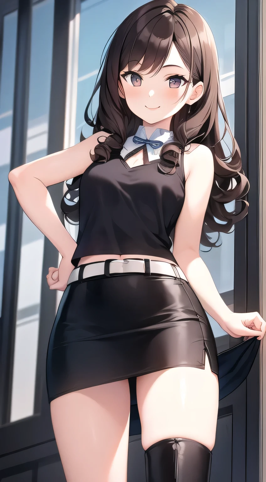 1 girl, double v, smile, chest, sleeveless top, thigh high skirt, knee high boots, Modern attire, long hair, brown hair, curly hair, hazel eyes, Are standing, from below,