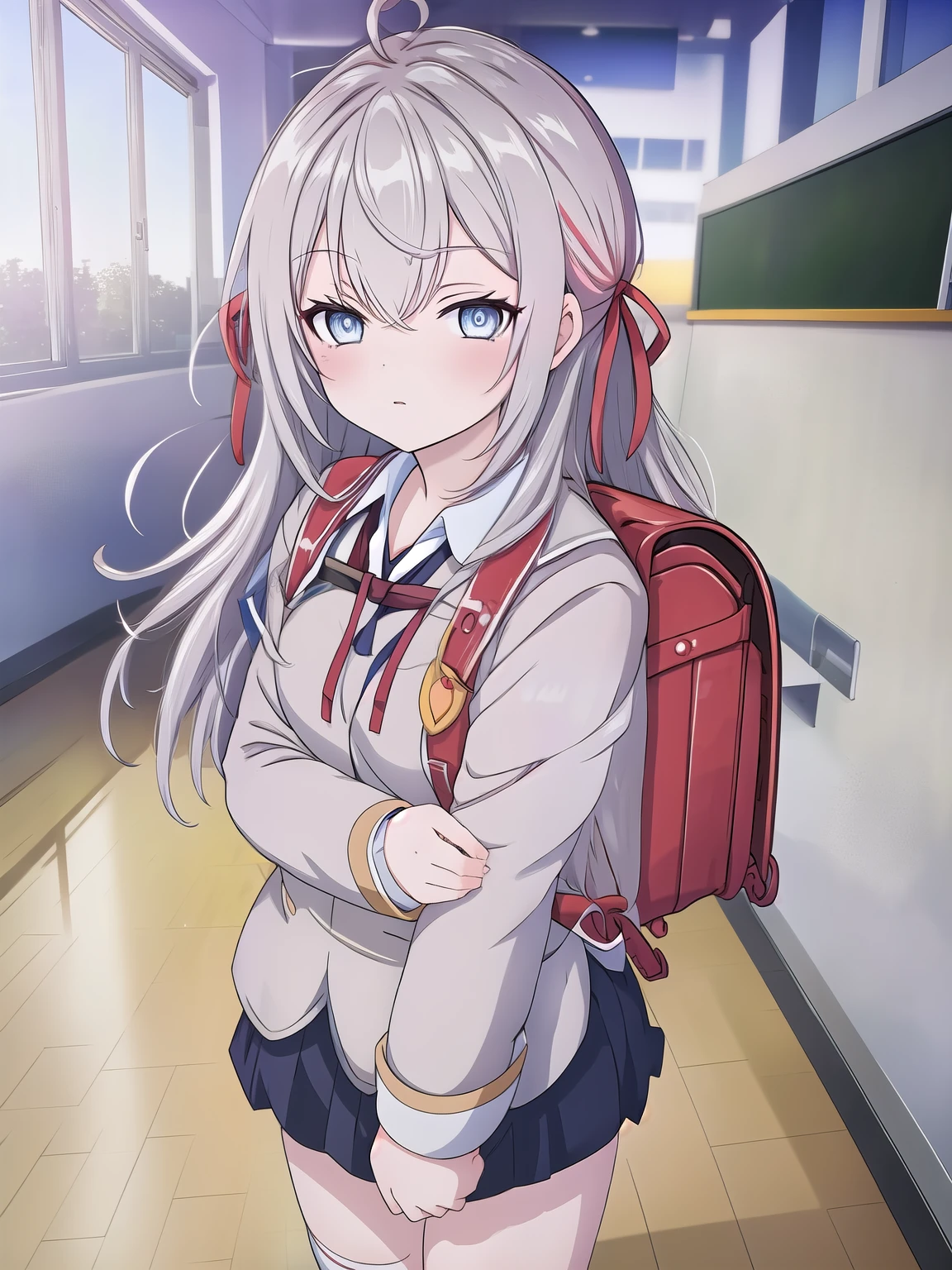 Masterpiece, hd ,2d, alisa,1girl,solo,long_hair,looking_at_viewer,bangs,blue_eyes,hair_between_eyes,hair_ribbon,ahoge,grey_hair,indoor,school_uniform, standing, red ribbon, standing, wearing school backpack, (school backpack:1.1)