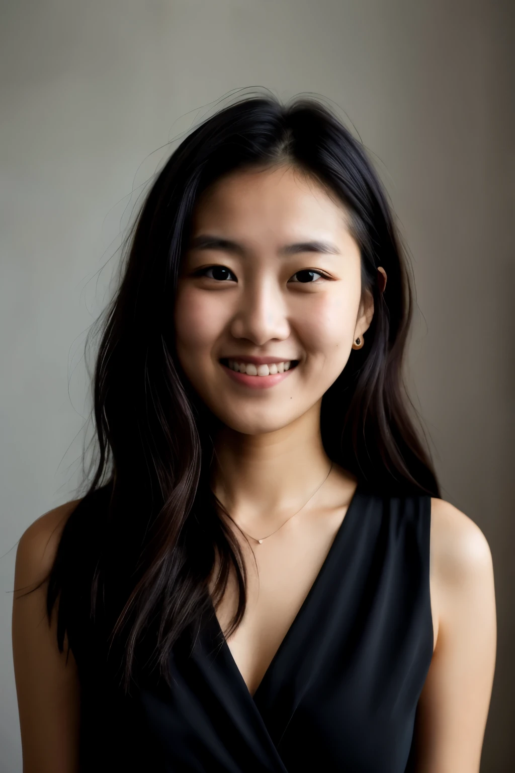 Raw photo, Beautiful 26 year old face portrait photo.ah、woman, cute face, wearing a black dress, smile, hard shadow, cinematic shots, dramatic lighting