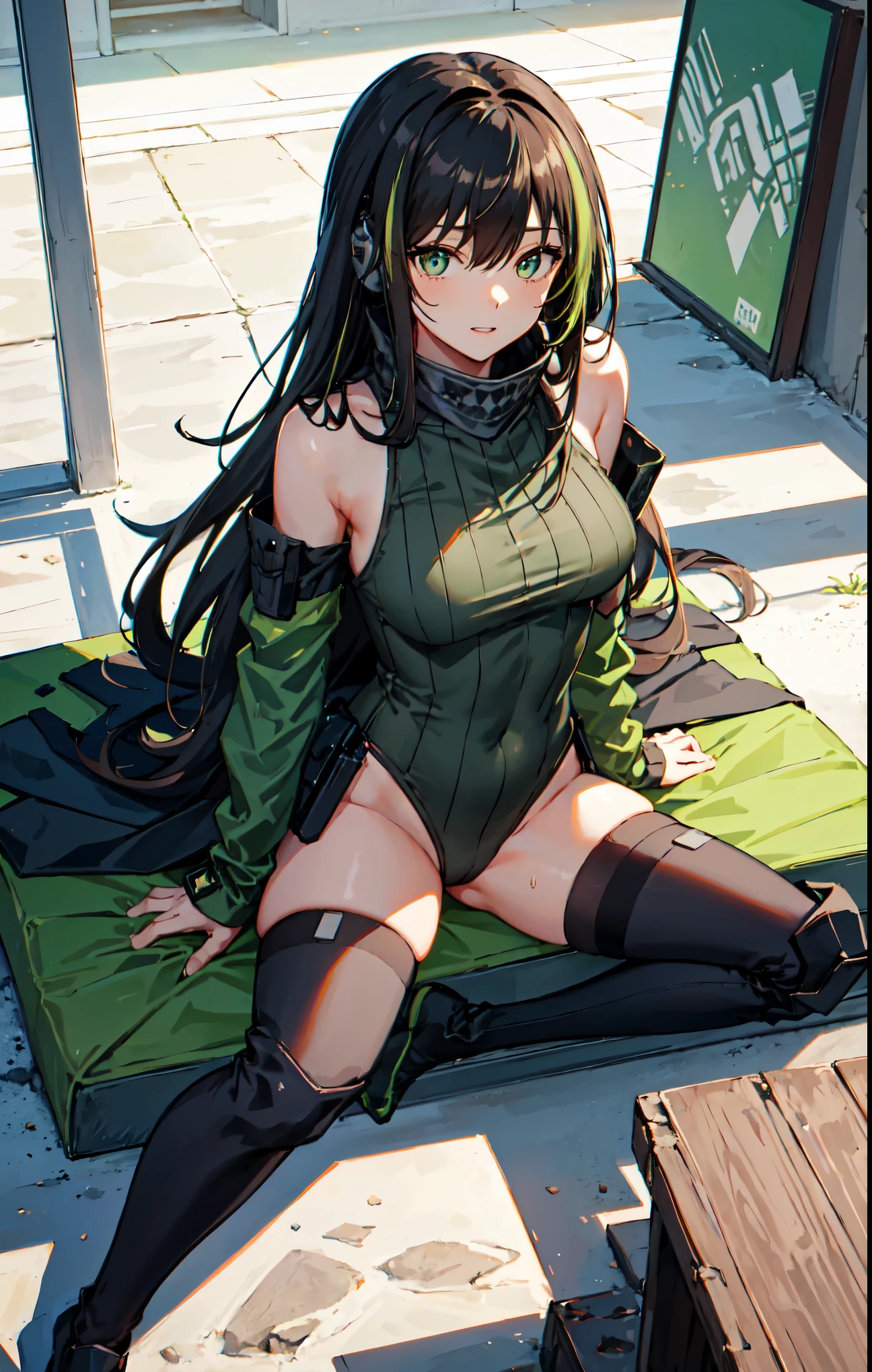 (SFW), masterpiece, best quality, highres k, professional artwork, famous artwork, clean, cinematic lighting, beautiful eyes + detail, beautiful hair + detail, multicoloured hair, (sexy young female body:1.4), ( medium breasts, lactation), happy:1.2, smile, sexy looking at the viewer, floating hair, (M4a1), makeup, neckerchief, green armband, one-piece sweater, black hair, long hair, (earphones), brown eyes, sand-colored windbreaker tied around the waist
outdoors, at nig (in love), from above, black leotard, chilling on couch, cozy, welcoming warm, siting on couch, cross legged on couch, sitting with legs crossed, at home, thigh high socks,{m4a1_girlsfrontline:0.90},indoors, living rsoom, lips seperated