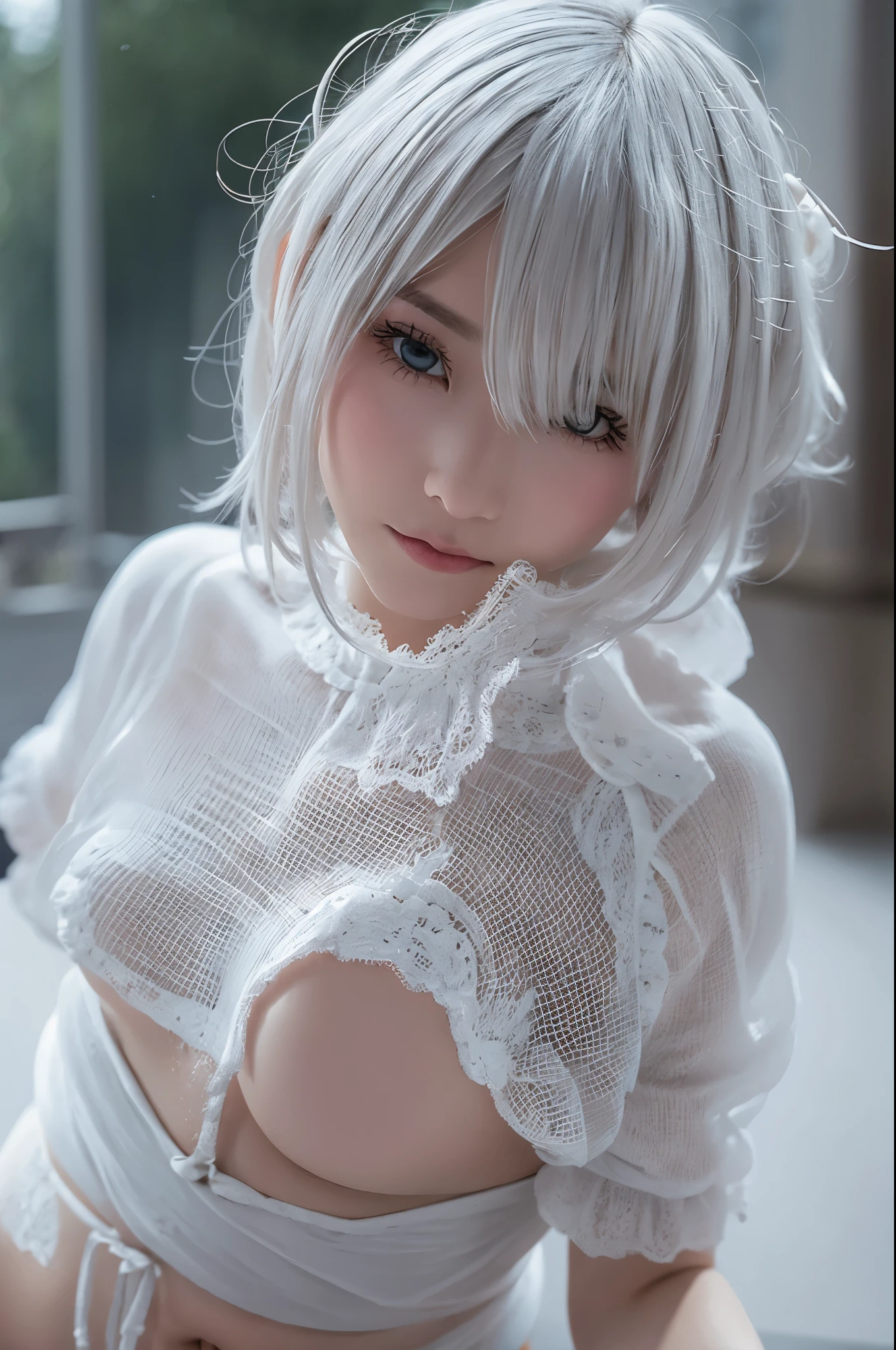 ((high quality)),table top,(Detailed depiction of local details:1.2),1 Japanese girl,(plump breasts:1.3),Enchanted Valley,closed mouth,eyelash,looking at the viewer,portrait,alone,Upper body,gray hair,white theme,short hair,silver hair,Yoruhano. 2 Type B,