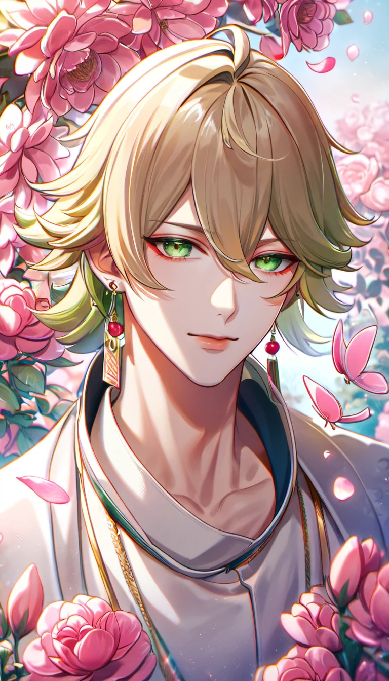 (absurdres, highres, ultra detailed, HDR), master piece, best quality, vibrant green eyes, 1man, handsome face, Taishakuten, onmyoji, ash blond hair, earrings, white clothes, pink flowers, pink butterflies, pink petals