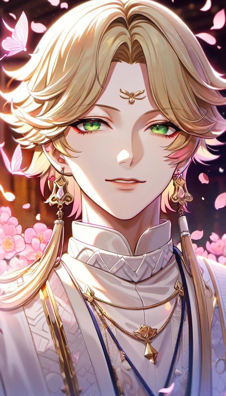 (absurdres, highres, ultra detailed, HDR), master piece, best quality, vibrant green eyes, 1man, handsome face, Taishakuten, onmyoji, ash blond hair, earrings, white clothes, pink flowers, pink butterflies, pink petals
