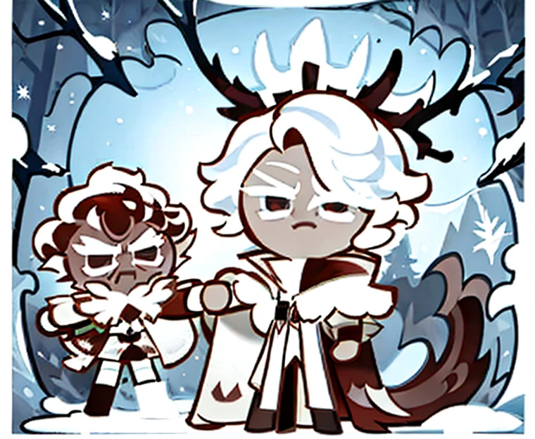 Haw Flakes Cookie, White Hair, short hair, Shaggy mullet, crown, no nose, Brown Cloak, White Straitjacket, Evil Rage And Mad, Surrealism, Realism, Cookie Run Style, Snow Forest Background