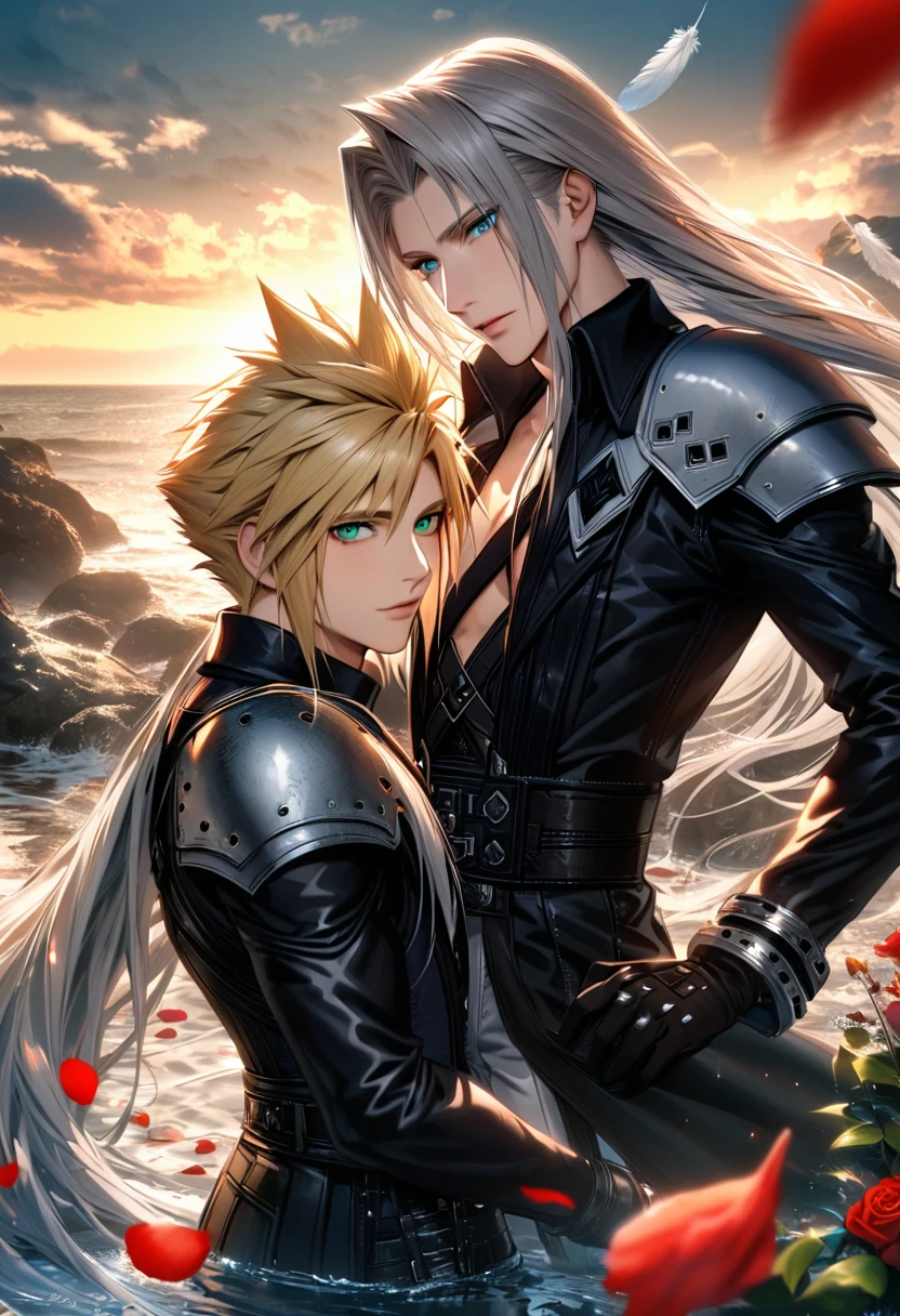 Ultra detailed, highres, absurdres, HDR, Sephiroth, grey hair, green eyes, Final Fantasy VII Remake, Cloud Strife, blue eyes, blonde hair, 2 gay man together as a couple, handsome, water, flowers and red petals, feathers