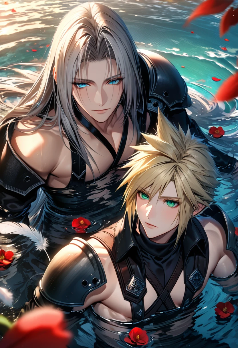 Ultra detailed, highres, absurdres, HDR, Sephiroth, grey hair, green eyes, Final Fantasy advent children, Cloud Strife, blue eyes, blonde hair, 2 gay man together, handsome, water, flowers and red petals,