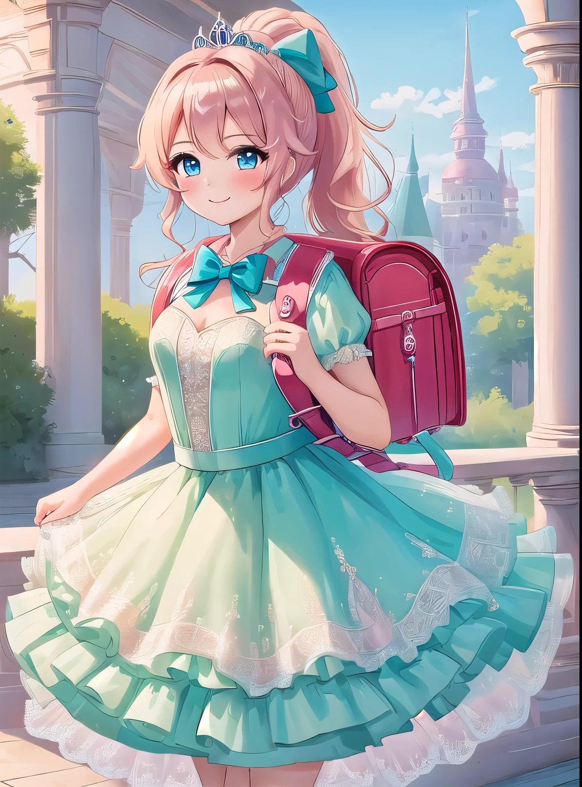 Masterpiece, hd, beautiful girl, smiling, regal, (pink princess dress),, vivid, (bows), Tiara, blonde hair, ponytail, wearing school backpack, (school backpack:1.1)