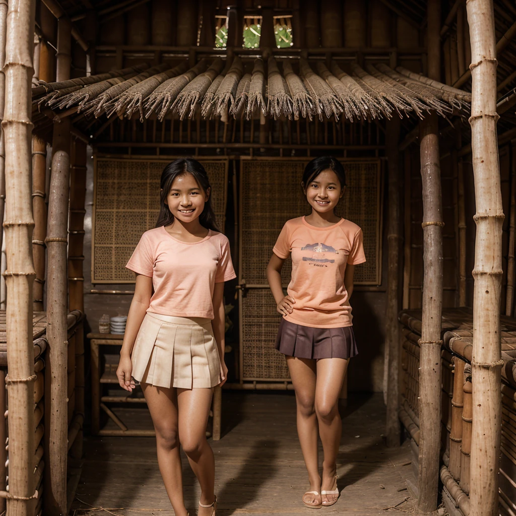 Realistic photo depicting 1 Indonesian girl, villager, poor girl, , wearing peach color t-shirt, wearing peach color pleated skirt, smiling, tiny and skinny body, short body, braided hair, standing and smiling by the old wooden cabin in a dark forest, facing the camera, full body, making it very realistic and detail