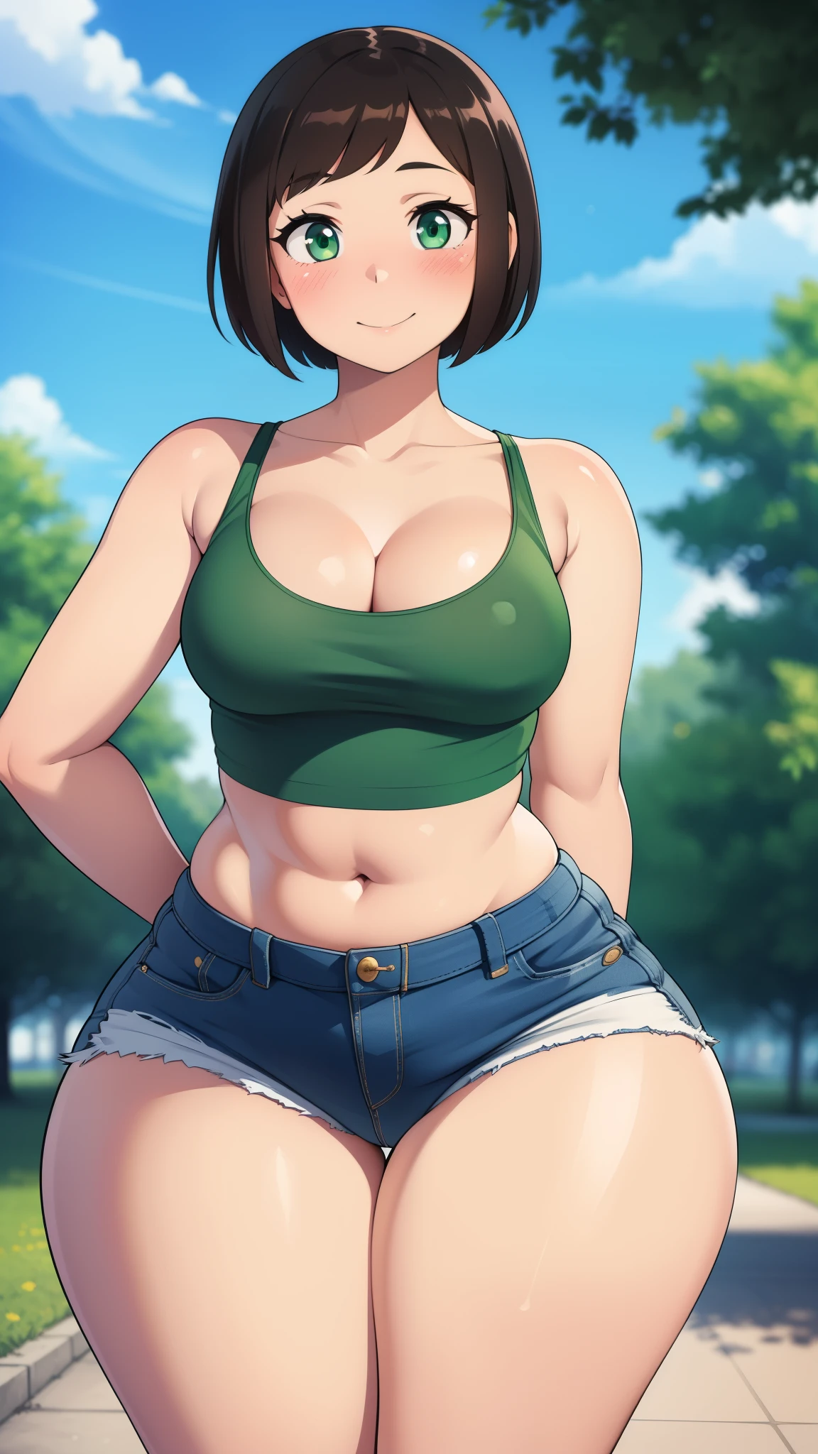 ((highres)), Masterpiece, high quality, best quality, beautiful, perfect lighting, detailed face, ultra cute face, ((1girl)), ((solo), short brown hair, green eyes, ((blush)), sweet smile, looking at viewer, arms behind back, standing in a park, (park), daytime, crop top, shorts, ((thick thighs)), wide hips, cleavage, (small breasts), 20 year old female,