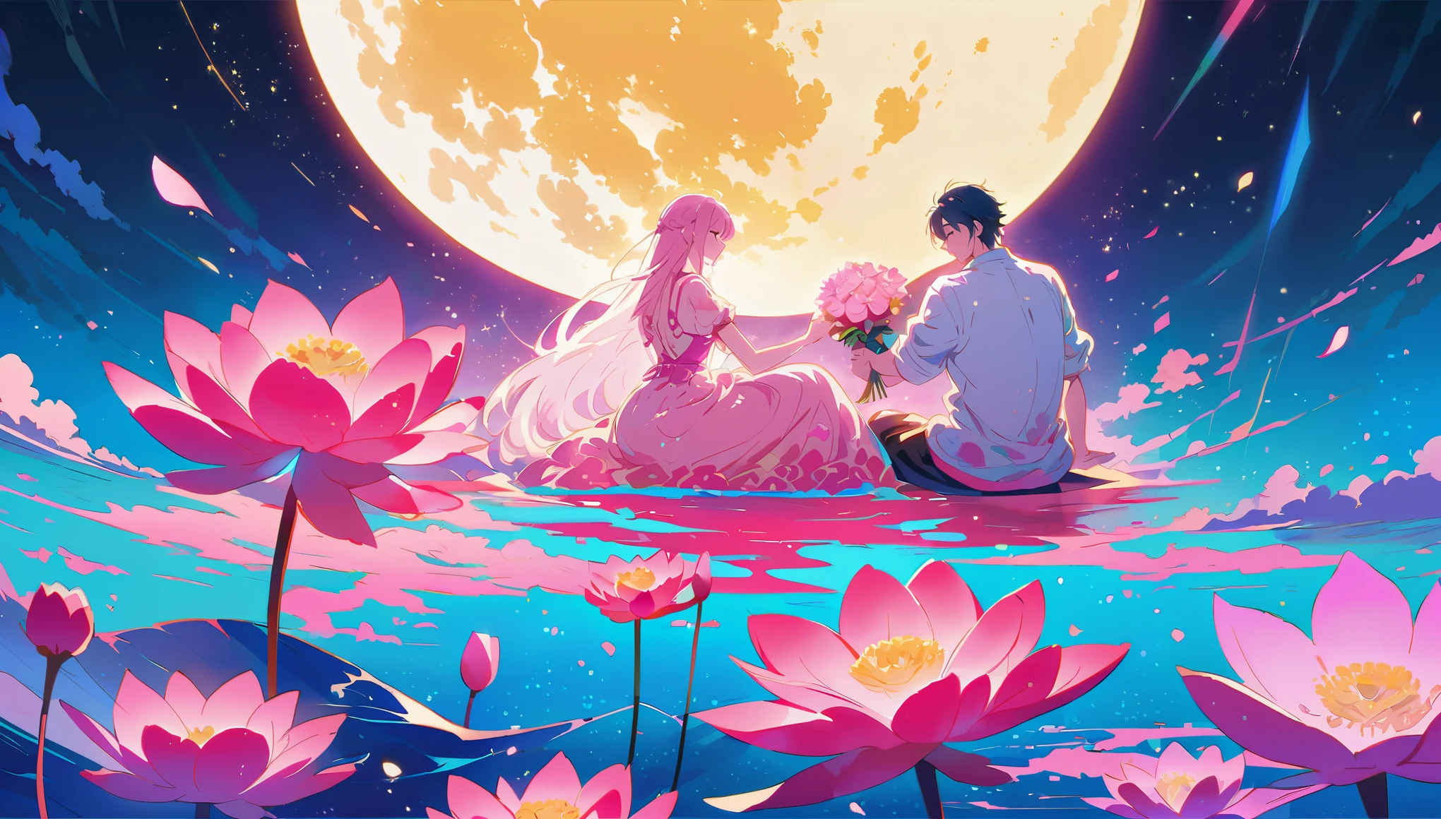 A couple sits on the edge of an endless sea made entirely of pink lotus flowers, with their backs to each other and facing away. The bright moon shines before them, creating a romantic atmosphere. This is illustrated in the style of anime art with a touch of illustration. It features vibrant colors and a night scene, with neon lights shining through the petals. One hand holds a bouquet of roses, while another person holds hands with their lover, focusing on their face.