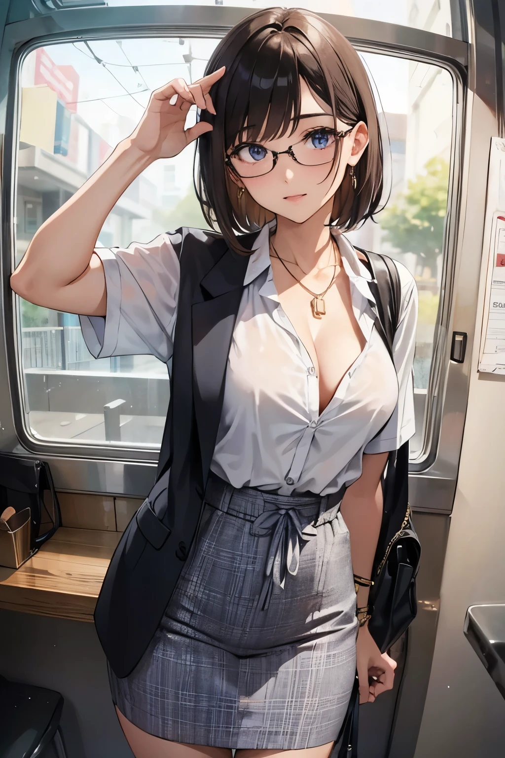 (masterpiece:1.2, top-quality), (realistic, photorealistic:1.4), beautiful illustration, NSFW, 
pov, front view:0.8, 
1 lady, japanese, office lady,28years old,black hair, (very short straight hair:1.4), hair between eye, blue eyes, big breasts:1.5, black-rimmed glasses, (thick thighs), 
beautiful hair, beautiful face, beautiful detailed eyes, beautiful clavicle, beautiful body, beautiful chest, beautiful thigh, beautiful legs, beautiful fingers, 
(beautiful scenery), dawn, in the crowded train,in japan,
((black business suit,jacket,long sleeve,dress shirt,black tight miniskirt, black tights,choker)), black bra,black panties, sitting on the seat,
(swollen), ((seductive posture: 1.2, sexial attractive: 1.2)), (idle),
(erotic,sexy, upper eyes, erotic smile: 1.2), shiny skin, 
perfect face, cute and symmetrical face, natural side lighting, movie lighting),