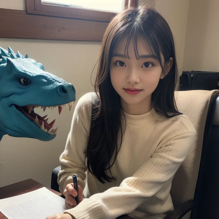 A young girl is having an adventure with a dinosaur