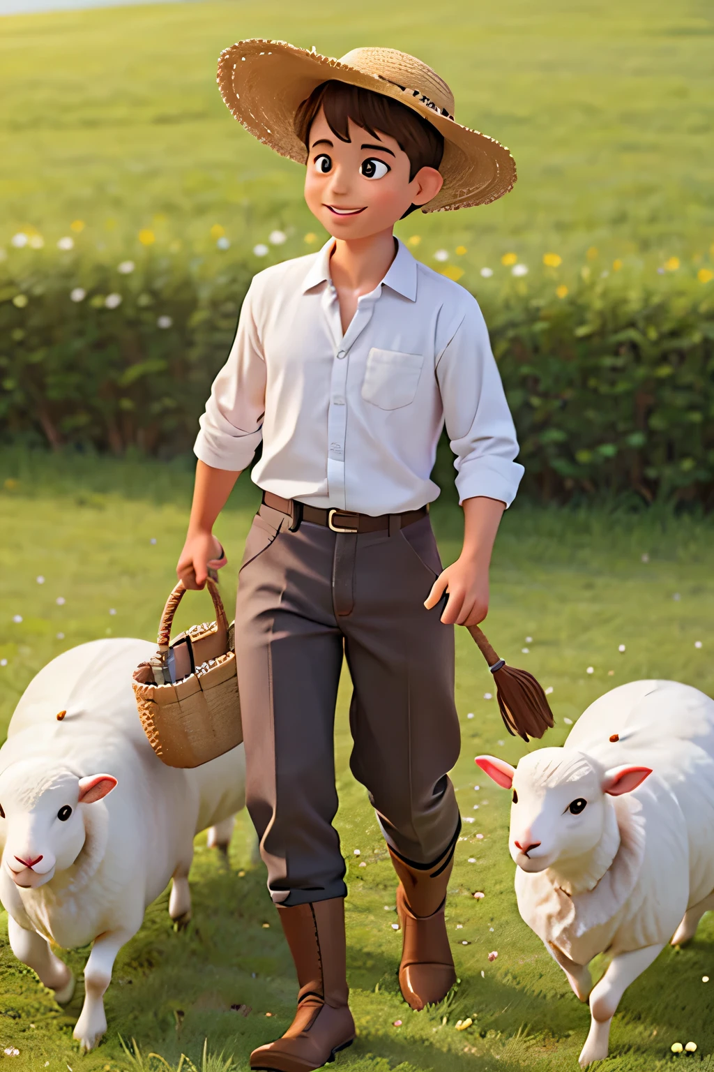 Sure, here's the translation:

    Smooth and smiling face, with bright eyes that convey kindness and compassion.
    Light brown hair, slightly wavy, swaying in the wind as he walks through the fields.
    Sun-kissed skin, with some delicate freckles on the nose and cheeks.
    Average height for his age, with an upright and firm posture, reflecting his confidence and determination.
    Agile and strong hands, calloused from the hard work of tending to the sheep, but always ready to caress and comfort the animals.
    Simple attire, consisting of a checkered long-sleeved shirt, sturdy cotton pants, and worn leather boots for daily wear.
    A straw hat adorning his head, shielding him from the sun as he leads his flock through the lush fields.
    An easy and welcoming smile, radiating kindness and tranquility, showing his natural affinity with animals and his love for life in the countryside.