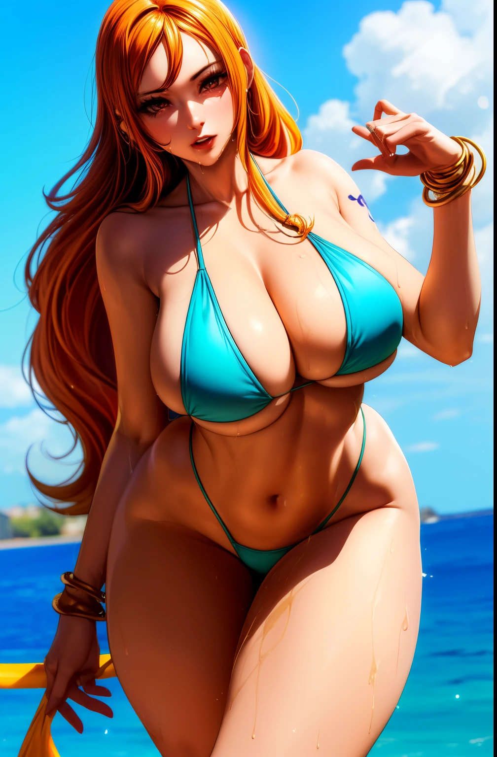 ((Masterpiece)) ((best quality)) ((Ultra detailed))  ((1woman)) ((bikini)) ((bikini top only)) ((orange long hair)) ((silky long hair)) ((right shoulder tattoo))  ((long nose)) ((one piece nami)) ((NAMI)) ((wet body)) ((BIG tits))  ((attractive eyes)) ((sharp eyes)) ((slim body)) ((high resolution shadows)) ((attractive colours)) ((blue sky)) ((log pose on her hand)) ((golden bracelets)) , tight , lower-rider jeans , light shadows