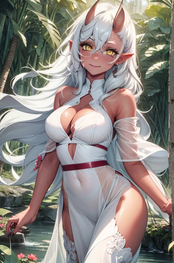 "(best quality,4k,8k,highres,masterpiece:1.2),ultra-detailed,(realistic:1.1),portrait,colorful lighting, sexy woman,red skin,long white hair,yellow eyes,cute dress clothes,playful expression,garden,flowers,butterflies,toy train,sparkling eyes,sunshine,soft complexion,cheerful,innocent,fun,lovely smile,joyful,curly hair,freckles,fantasy ambiance,daydreaming,fairy tale,dreamy background,imagination,whimsical,childhood memories,happiness,bliss,light-hearted"