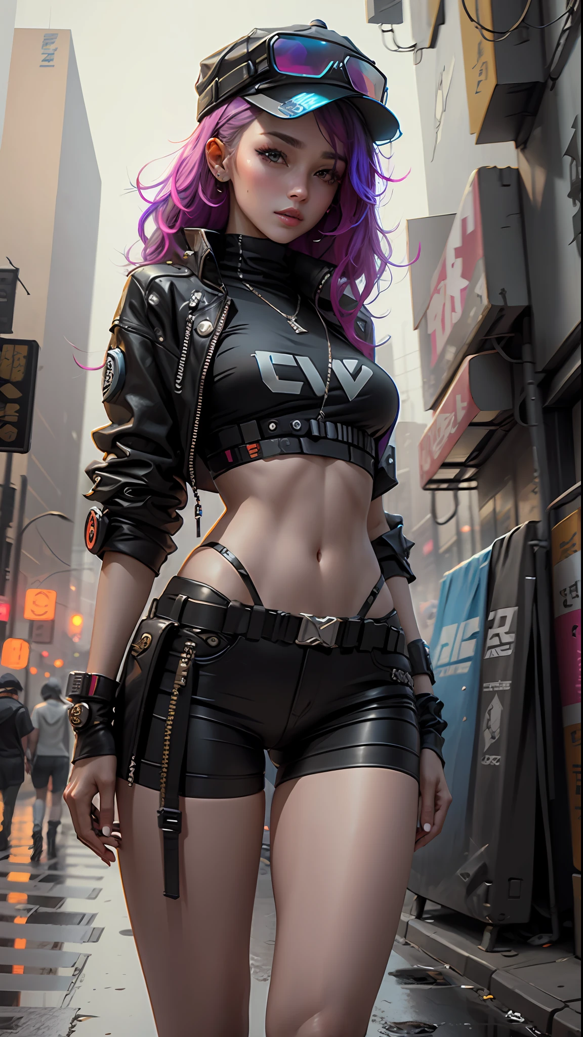 Beautiful woman medium hair, wearing cap, cyberpunk style short clothes