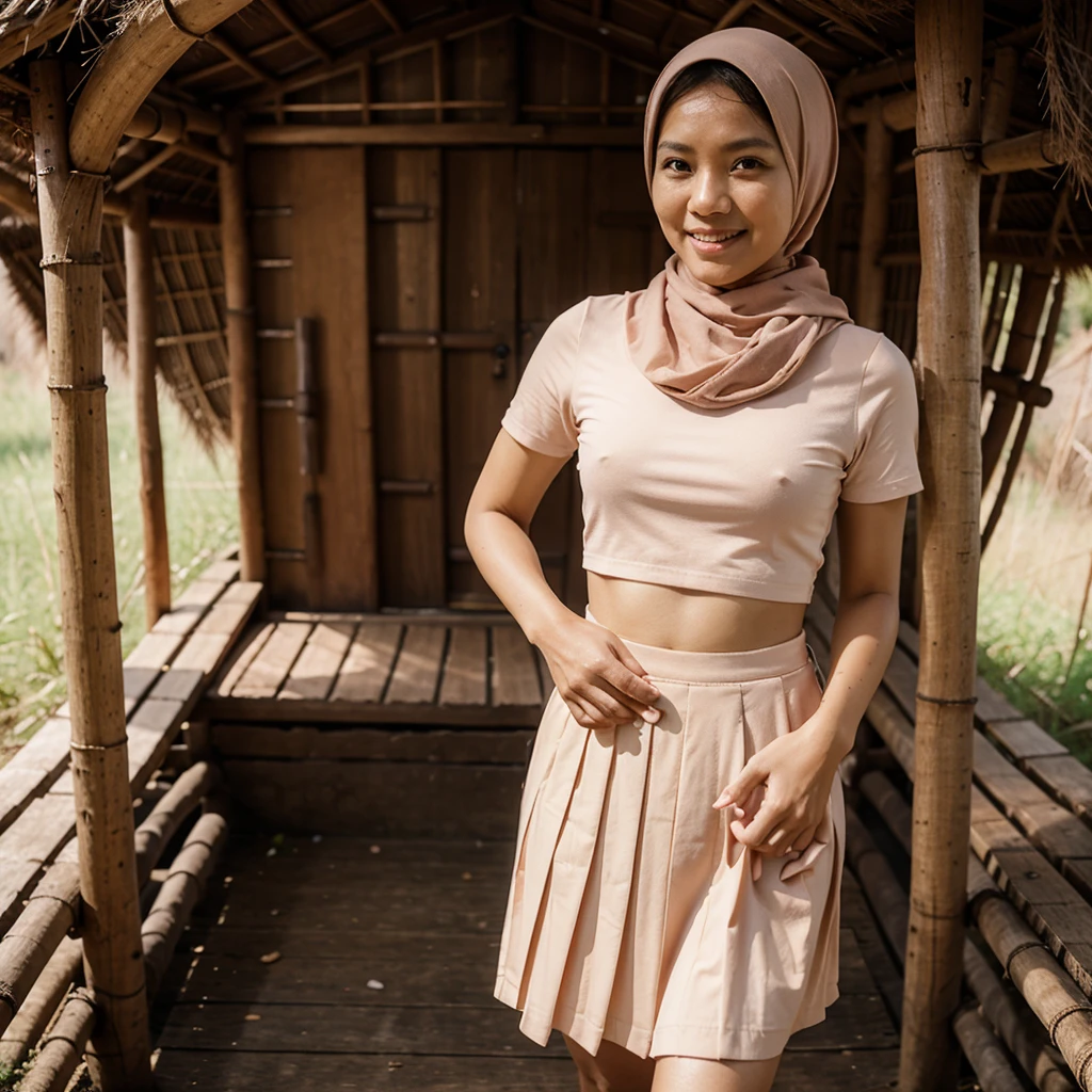 A 52 years old Indonesian woman in peach color hijab, wearing peach color lace tight t-shirt, wearing very short peach color pleated skirt, darker skin, skinny body, short body, smiling and standing in the old bamboo cabin in a forest, look to the viewer with eye close