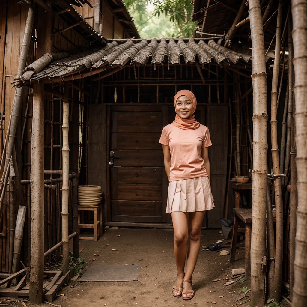 A 52 years old Indonesian woman in peach color hijab, wearing peach color lace tight t-shirt, wearing very short peach color pleated skirt, darker skin, skinny body, short body, smiling and standing in the old bamboo cabin in a forest, look to the viewer with eye close