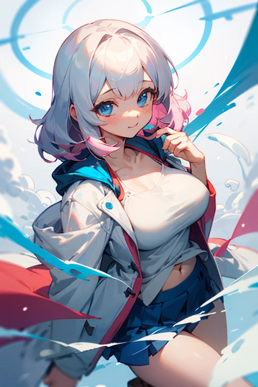 ((highest quality)), ((masterpiece)), (be familiar with), perfect face,cute,beautiful girl,Snow-white gray hair,bangs,medium hair(A little long hair),Pink inner hair,very big breasts,cute服, ,blue eyes,I'm not wearing a bra,Alone,20th generation,large clothes,Light blue knee-length skirt,White camisole tight fitting,
Large white hoodie(open clothes),short boots,Upper body,No hood,Prime head,Overhead Magic Circle,cuteポーズ,navel,tits,大きいtits