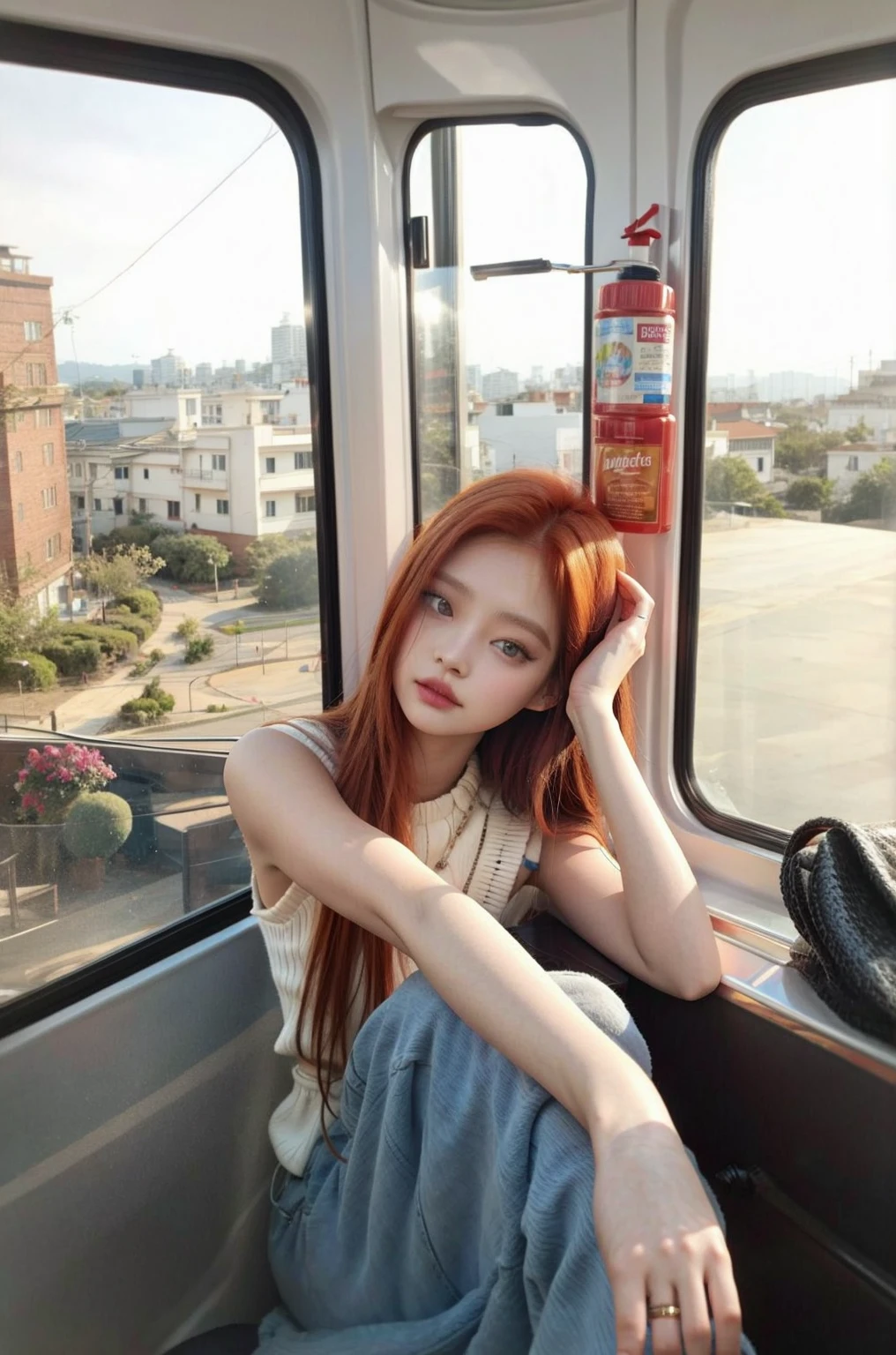 mujer araffada sentada en un tren mirando por la ventana, jossi de blackpink, ulzzang, ella tiene el pelo largo color naranja, parque roseanne de blackpink, jinyoung shin, tzuyu de dos veces, She has long orange-brown hair., portrait of jossi de blackpink, Jisoo de Blackpink, jisoo de blackpink, Con cabello rojo