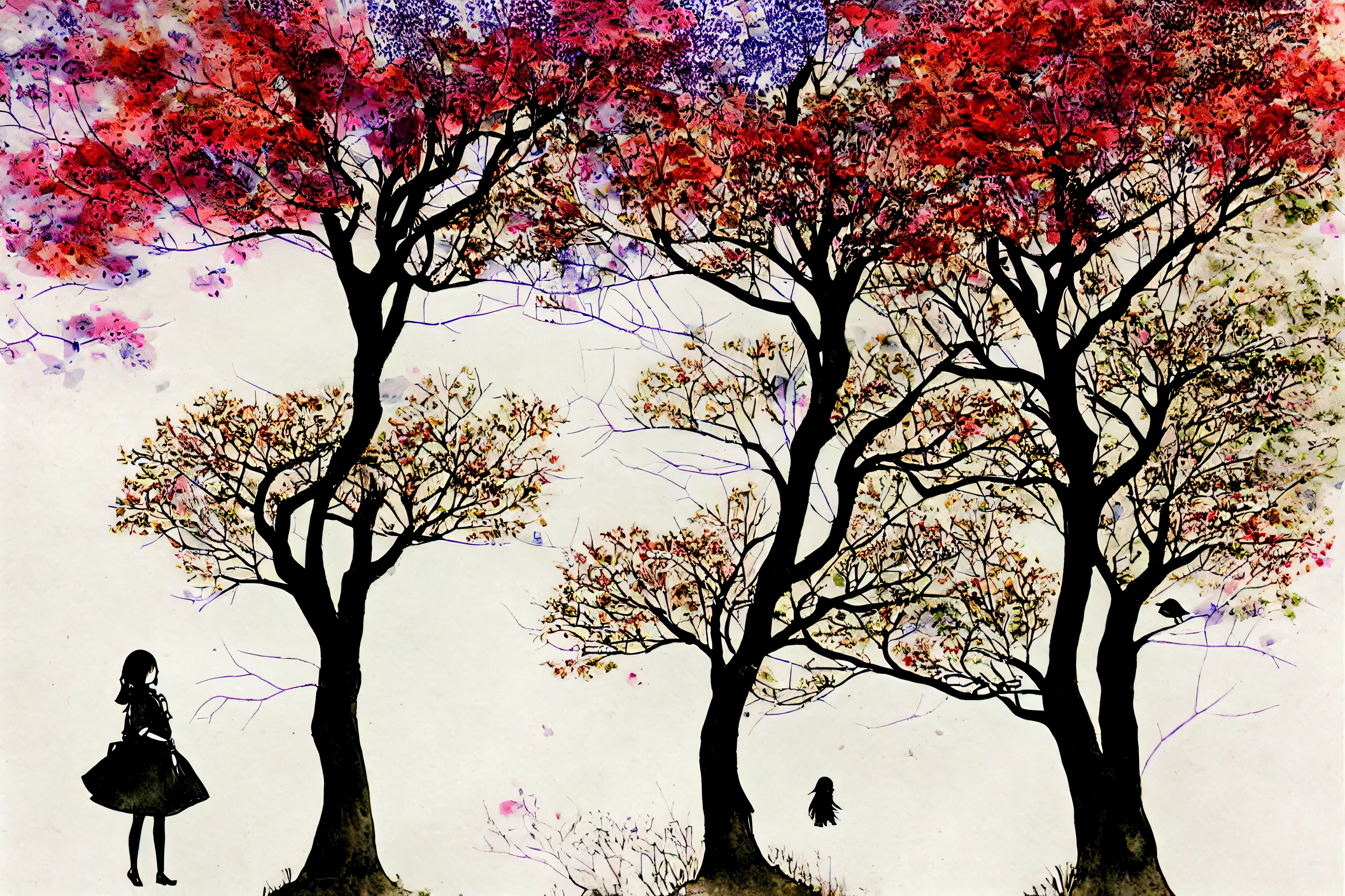 there is a drawing of a girl with an umbrella under a tree, blurry and dreamy illustration, blurred and dreamy illustration, dreamy illustration, inky illustration, birds and trees, a beautiful artwork illustration, illustration!, inspired by Jung Park, watercolor ink illustration, high contrast illustration, inspired by Chiharu Shiota, under rain, mixed media illustration, by Ayami Kojima