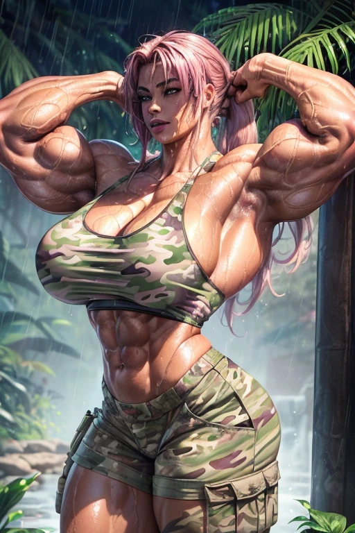 (((((Massive tall, beautiful, buff, wet, light brown skinned, muscular woman with wet shocking pink hair, black lipstick, ginormous bulky muscles and wearing a pink camouflage tank top with pink camouflage cargo shorts))))), (close view), (black eyeliner), massive muscle, massive biceps, hyper muscle triceps, (angled bob cut covering eye), red eyes, black high heels boots, (in a dark heavy rainy jungle), nighttime, showing a sexy smile, (hyper muscles arms), hyper muscle legs, (massive arms)