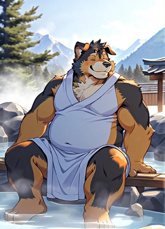 (Bernese Mountains 1.1)，(masterpiece)，Very detailed，(best quality)，hairy，Canidae，eyes closed，chubby，(chubby)，(huge size)，charming，((naked))， (White bath towel)，((crotch bulge))，Sitting by the hot springs，(Smile)，(eyes closed))),cool pose，hot spring background，16K，(high quality)，facial clarity