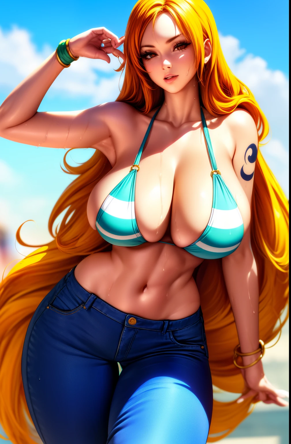 ((Masterpiece)) ((best quality)) ((Ultra detailed))  ((1woman)) ((bikini)) ((bikini top only)) ((orange long hair)) ((silky long hair)) ((right shoulder tattoo))  ((long nose)) ((one piece nami)) ((NAMI)) ((wet body)) ((BIG tits))  ((attractive eyes)) ((sharp eyes)) ((slim body)) ((high resolution shadows)) ((attractive colours)) ((blue sky)) ((log pose on her hand)) ((golden bracelets)) , tight , lower-rider jeans , light shadows